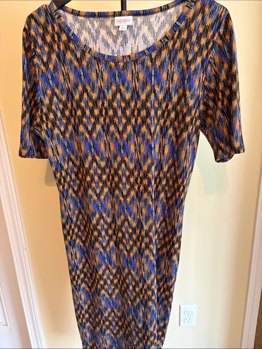 LuLaRoe Blue and Orange Midi Dress with Scoop Neck